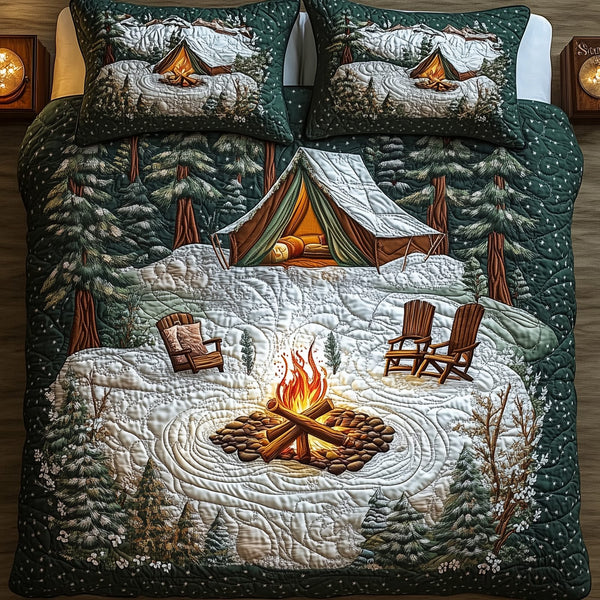 Peaceful Camping Life quilted 3-piece bedding set on a made bed with two matching pillow shams