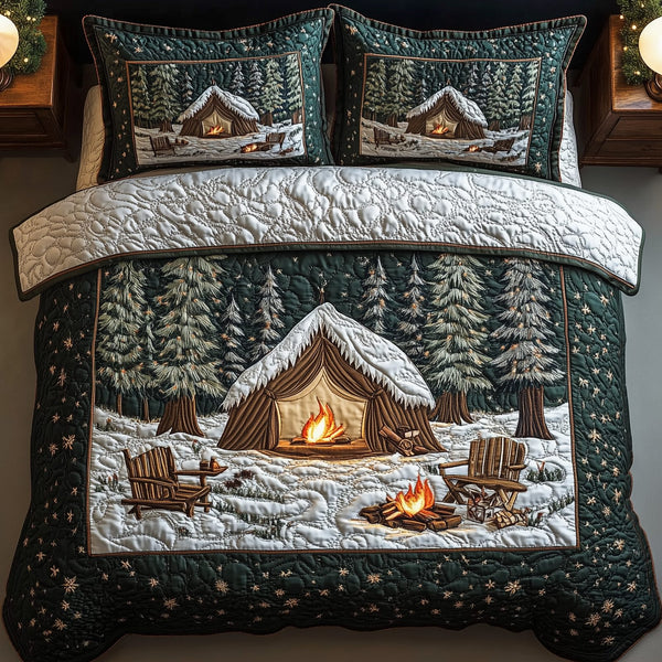 Peaceful Camping Life quilted 3-piece bedding set on a made bed with two matching pillow shams
