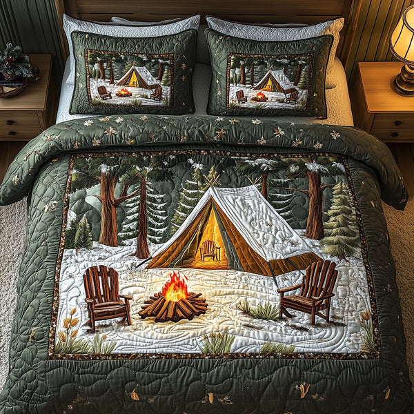 Peaceful Camping Life quilted 3-piece bedding set on a made bed with two matching pillow shams