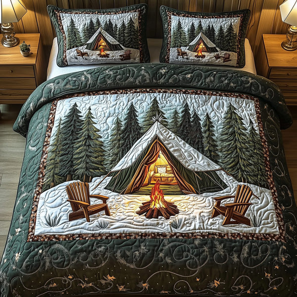 Peaceful Camping Life quilted 3-piece bedding set on a made bed with two matching pillow shams