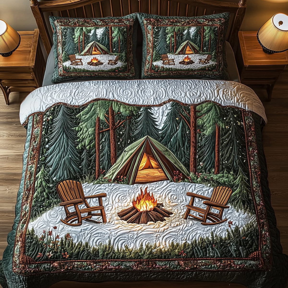 Peaceful Camping Life quilted 3-piece bedding set on a made bed with two matching pillow shams