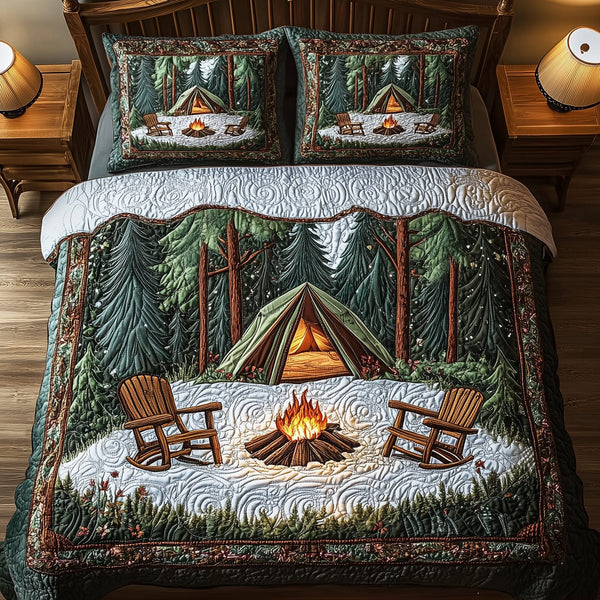 Peaceful Camping Life quilted 3-piece bedding set on a made bed with two matching pillow shams