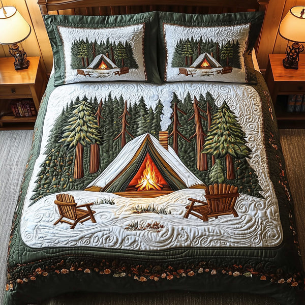 Peaceful Camping Life quilted 3-piece bedding set on a made bed with two matching pillow shams