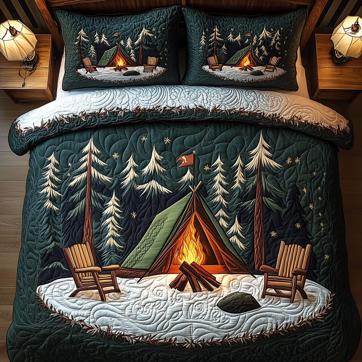 Peaceful Camping Life quilted 3-piece bedding set on a made bed with two matching pillow shams