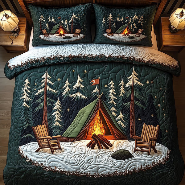 Peaceful Camping Life quilted 3-piece bedding set on a made bed with two matching pillow shams