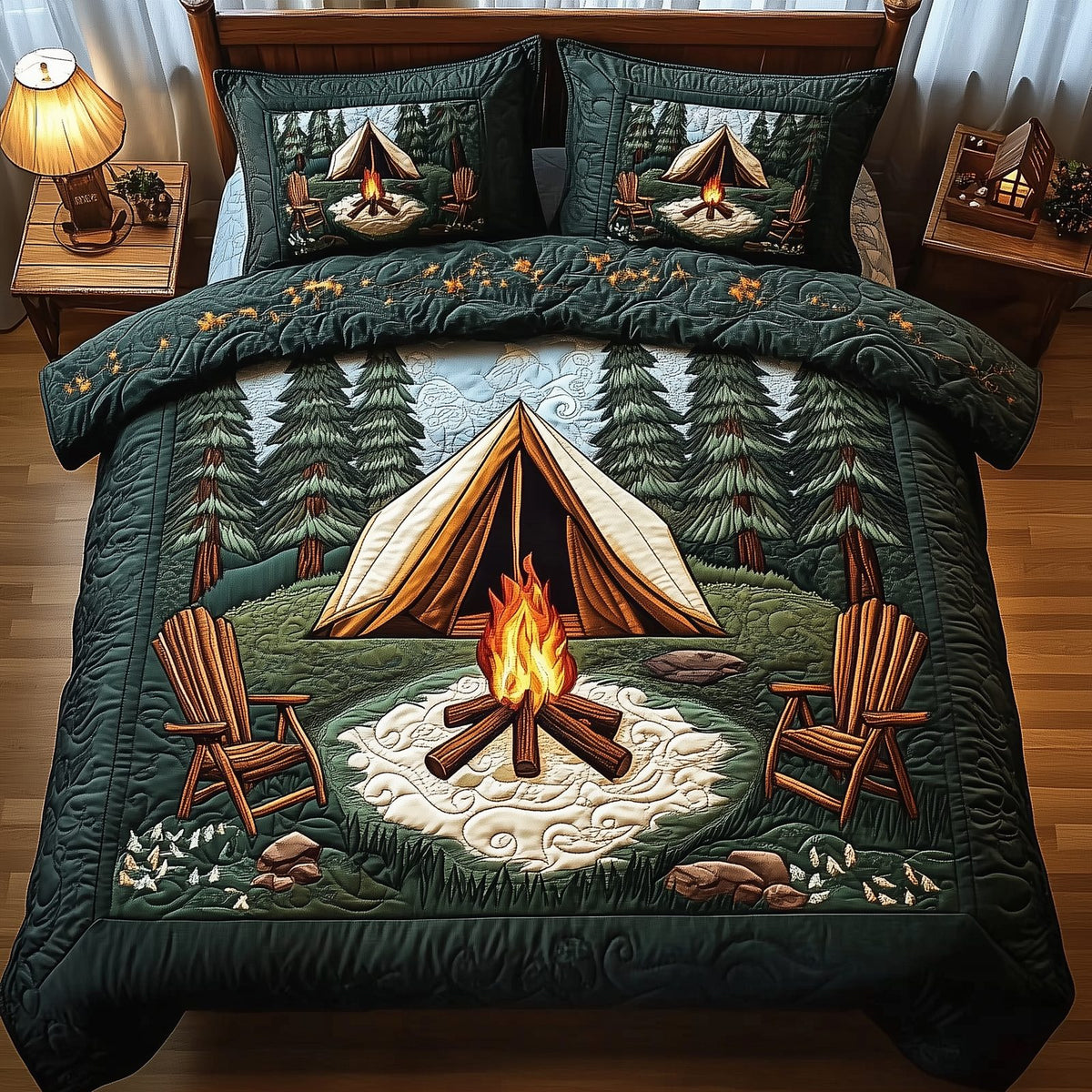 Peaceful Camping Life quilted 3-piece bedding set on a made bed with two matching pillow shams