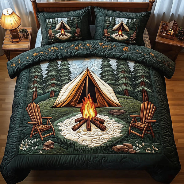 Peaceful Camping Life quilted 3-piece bedding set on a made bed with two matching pillow shams