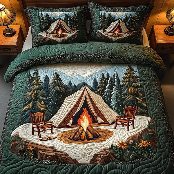 Peaceful Camping Life quilted 3-piece bedding set on a made bed with two matching pillow shams