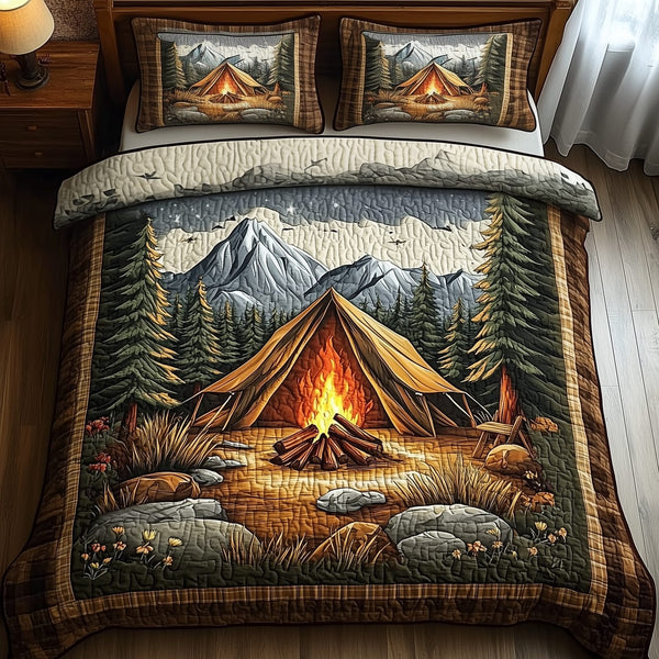 Peaceful Camping quilted 3-piece bedding set on a made bed with two matching pillow shams