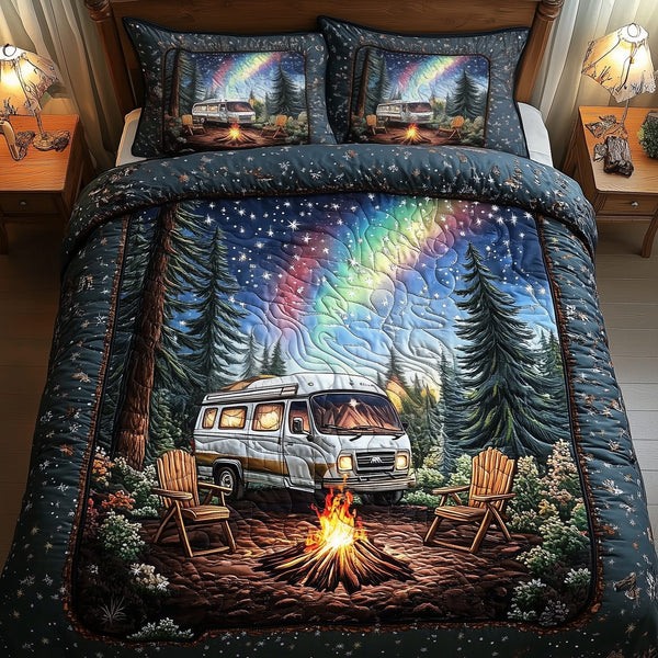 Peaceful Camping quilted 3-piece bedding set on a made bed with two matching pillow shams