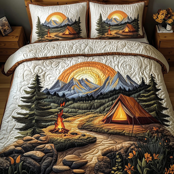 Peaceful Camping quilted 3-piece bedding set on a made bed with two matching pillow shams