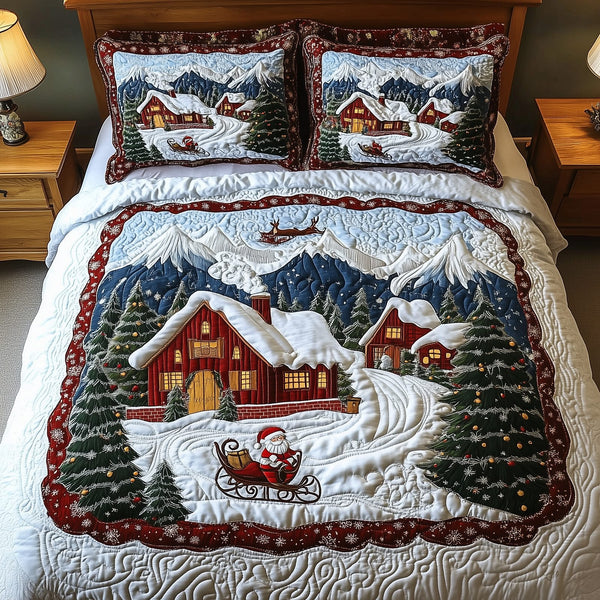 Peaceful Christmas Season quilted 3-piece bedding set on a made bed in a winter-styled bedroom