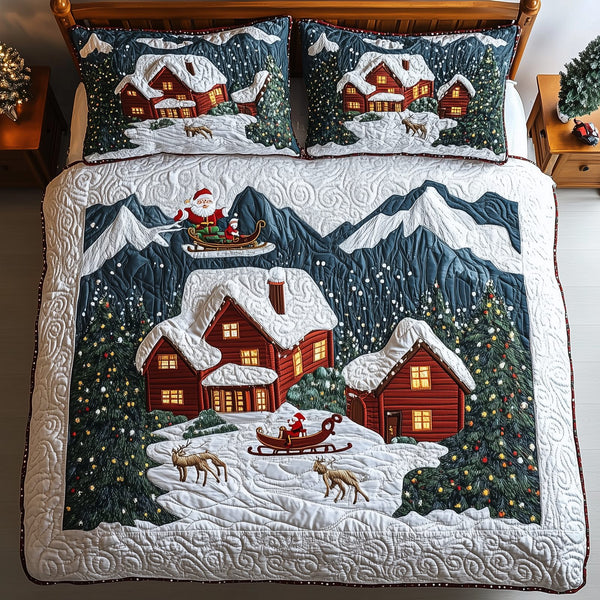 Peaceful Christmas Season quilted 3-piece bedding set on a made bed in a winter-styled bedroom