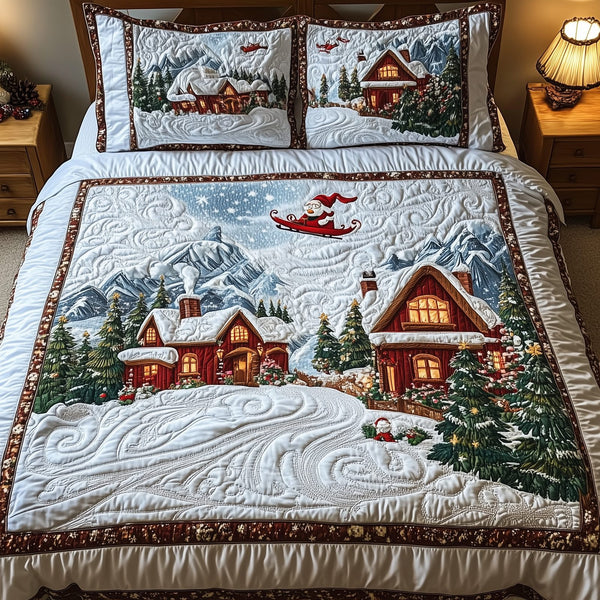 Peaceful Christmas Season quilted 3-piece bedding set on a made bed in a winter-styled bedroom