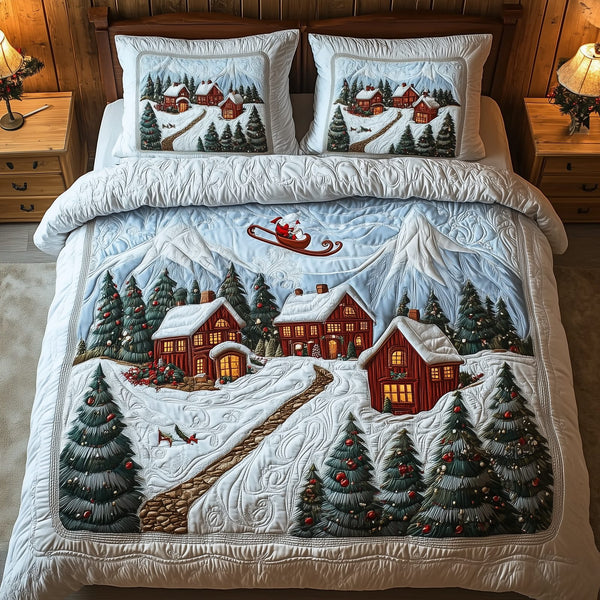 Peaceful Christmas Season quilted 3-piece bedding set on a made bed in a winter-styled bedroom