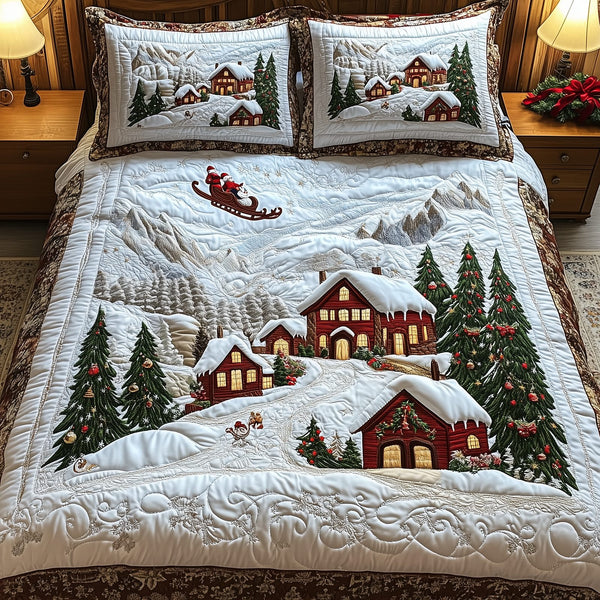 Peaceful Christmas Season quilted 3-piece bedding set on a made bed in a winter-styled bedroom