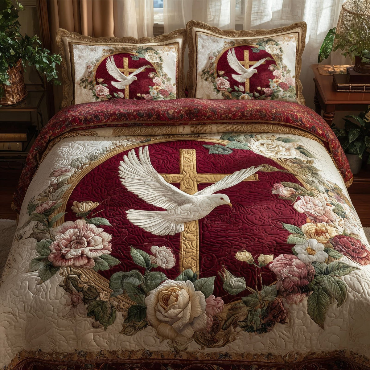 Peaceful Cross quilted 3-piece bedding set on a made bed in a softly lit bedroom