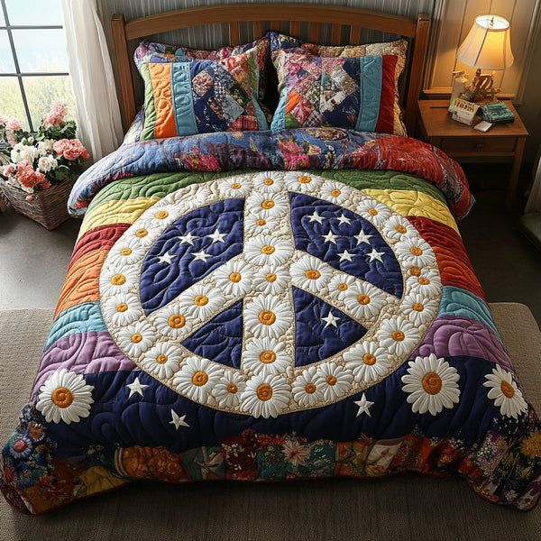 Peaceful Daisy quilted 3-piece bedding set on a made bed with two matching pillow shams