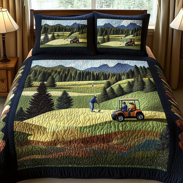 Peaceful Day By Par quilted 3-piece bedding set on a made bed with two matching pillow shams