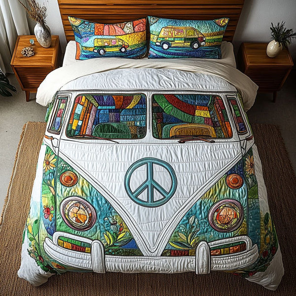 Peaceful Dreams Retreat quilted 3-piece bedding set on a made bed with two matching pillow shams