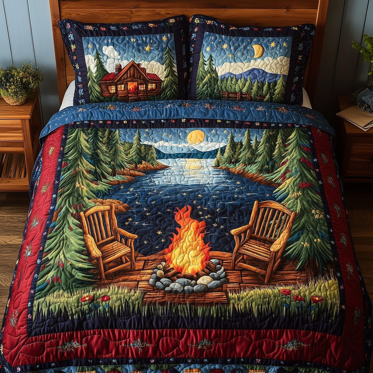 Peaceful Drift quilted 3-piece bedding set on a made bed with two matching pillow shams