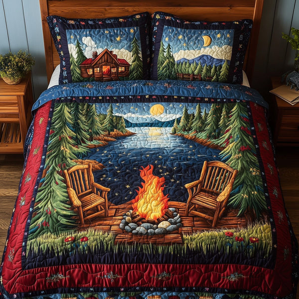 Peaceful Drift quilted 3-piece bedding set on a made bed with two matching pillow shams