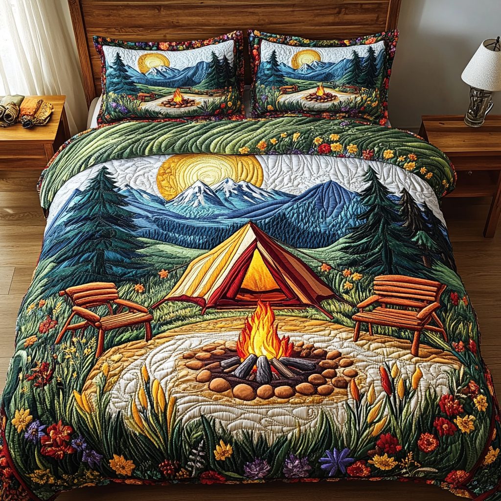 Peaceful Escape quilted 3-piece bedding set on a made bed with two matching pillow shams