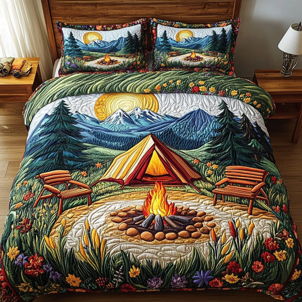 Peaceful Escape quilted 3-piece bedding set on a made bed with two matching pillow shams