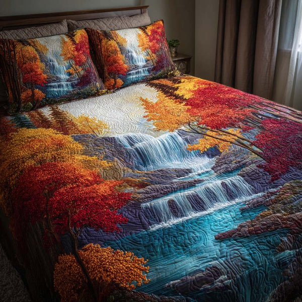 Peaceful Fall Road quilted 3-piece bedding set on a made bed with two matching pillow shams