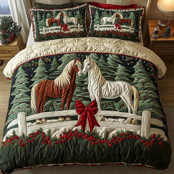 Peaceful Fence quilted 3-piece bedding set on a made bed with two matching pillow shams