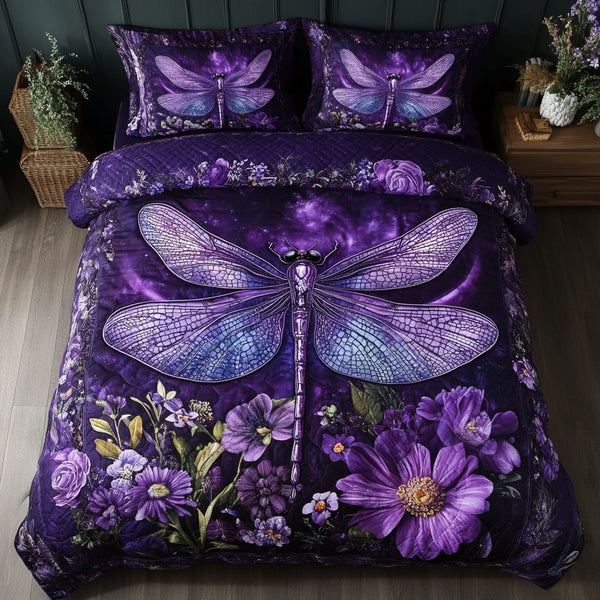 Peaceful Flight quilted 3-piece bedding set on a made bed with two matching pillow shams
