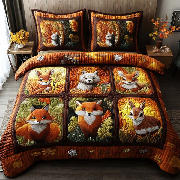 Peaceful Forest Meadow quilted 3-piece bedding set on a made bed with two matching pillow shams