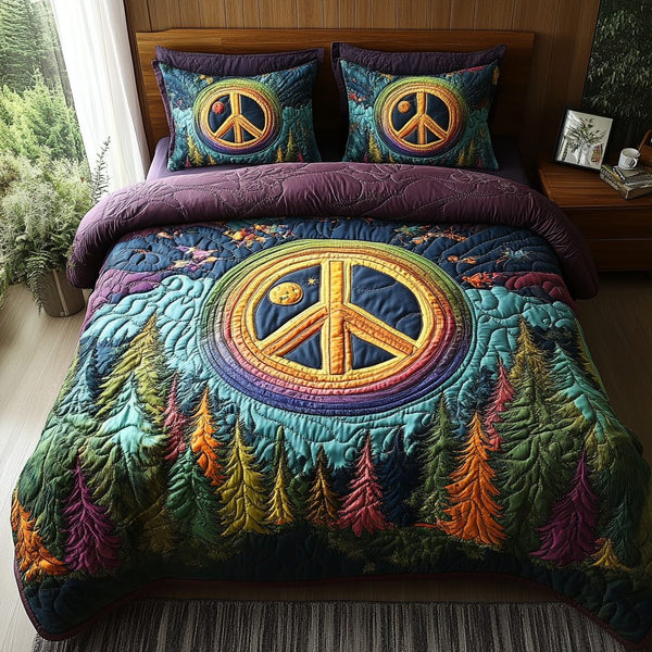 Peaceful Forest Vibes quilted 3-piece bedding set on a made bed with two matching pillow shams