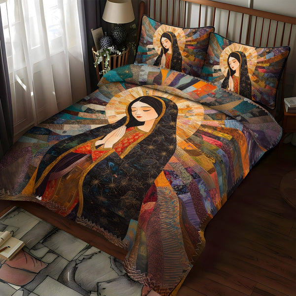Peaceful Guardian quilted 3-piece bedding set on a made bed with two matching pillow shams