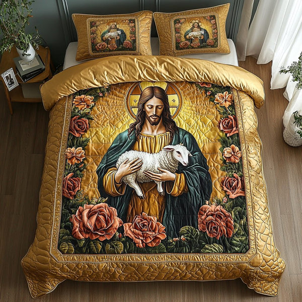 Peaceful Heart quilted 3-piece bedding set on a made bed with two matching pillow shams
