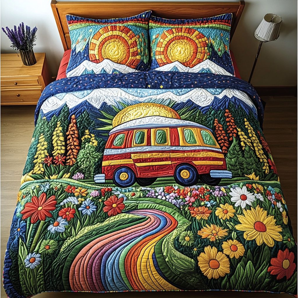 Peaceful Horizon quilted 3-piece bedding set on a made bed with two matching pillow shams