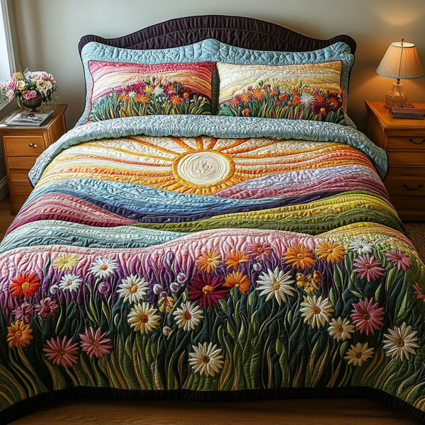 Peaceful Horizon quilted 3-piece bedding set on a made bed with two matching pillow shams