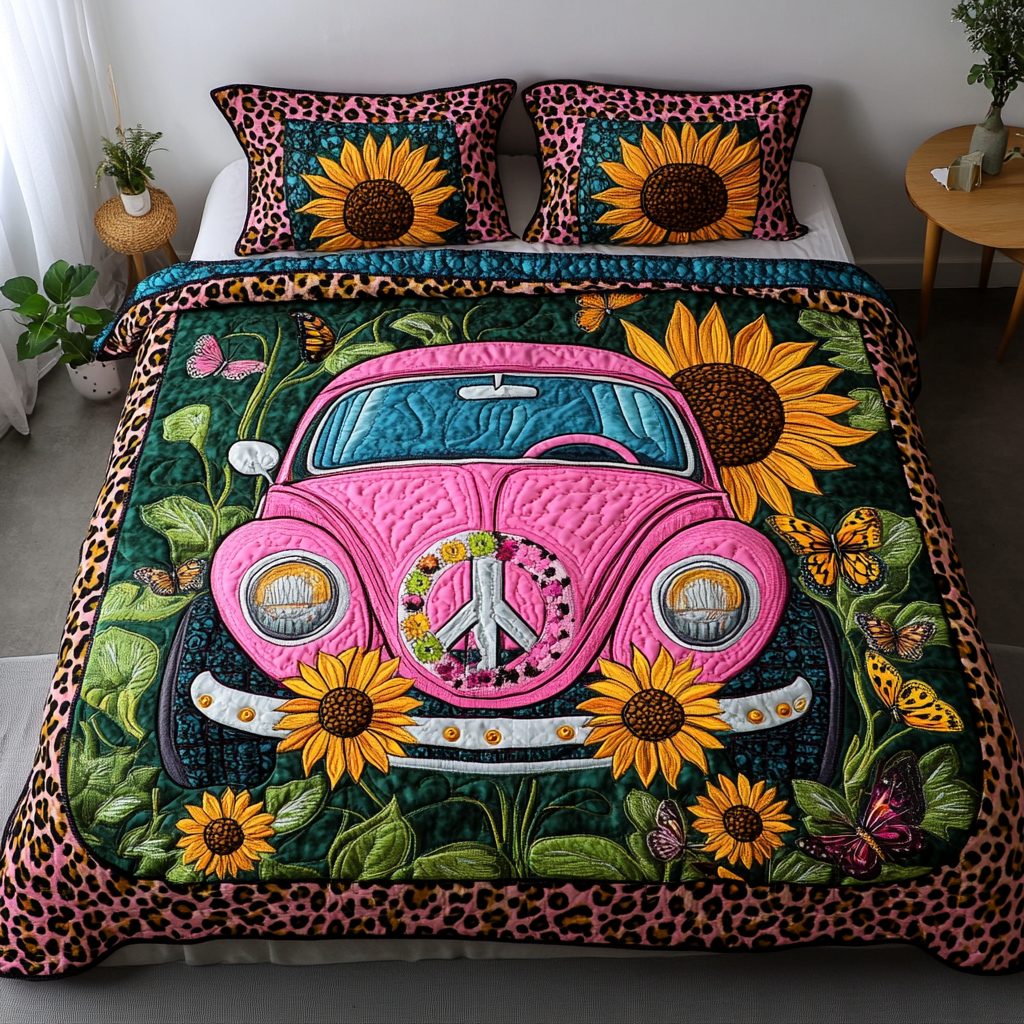 Peaceful Journey quilted 3-piece bedding set on a made bed with two matching pillow shams