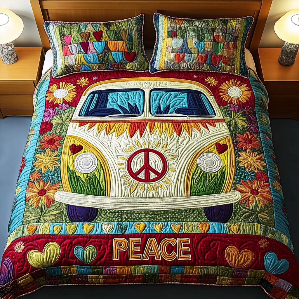 Peaceful Journey quilted 3-piece bedding set on a made bed with two matching pillow shams