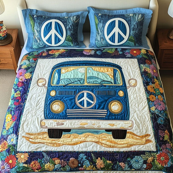 Peaceful Journey quilted 3-piece bedding set on a made bed with two matching pillow shams