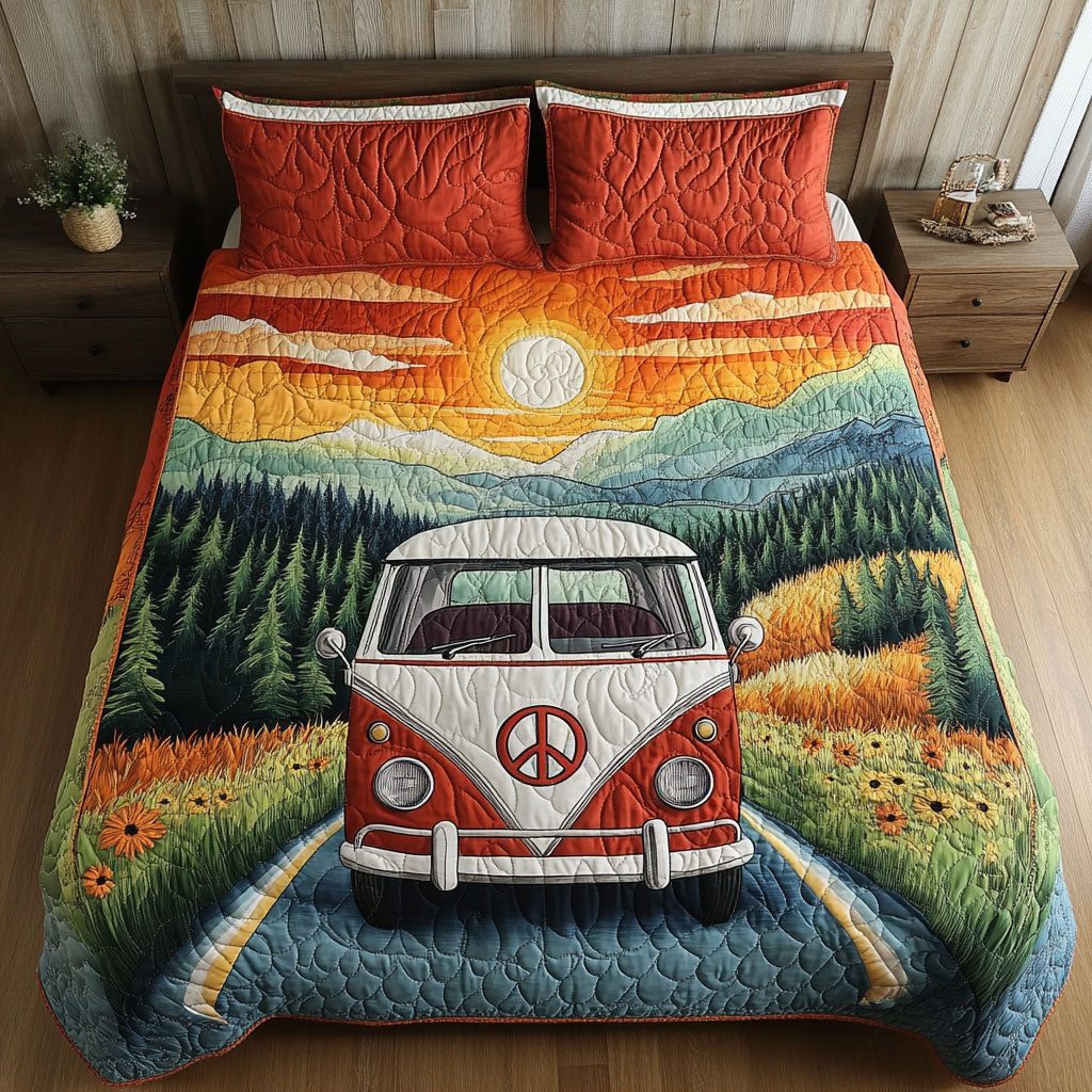 Peaceful Journey quilted 3-piece bedding set on a made bed with two matching pillow shams