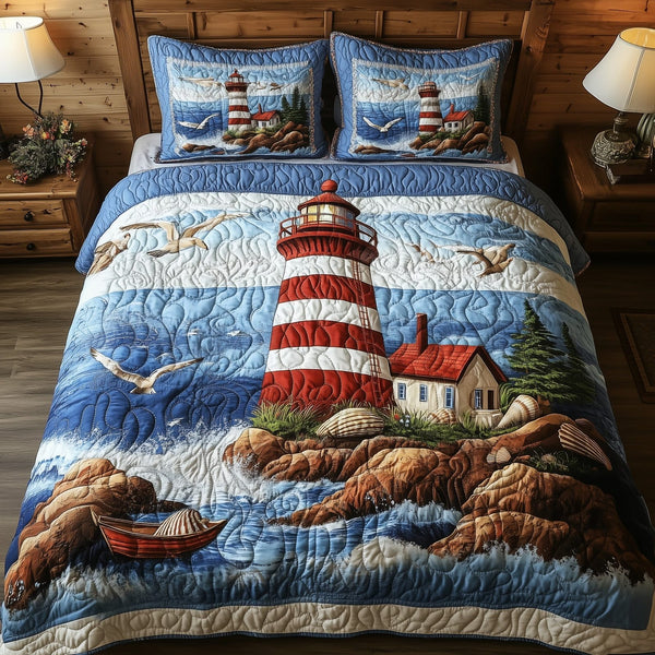 Peaceful Lighthouse quilted 3-piece bedding set on a made bed in a light coastal bedroom