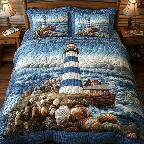 Peaceful Lighthouse quilted 3-piece bedding set on a made bed in a light coastal bedroom