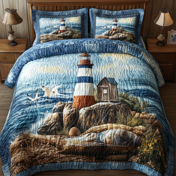 Peaceful Lighthouse quilted 3-piece bedding set on a made bed in a light coastal bedroom