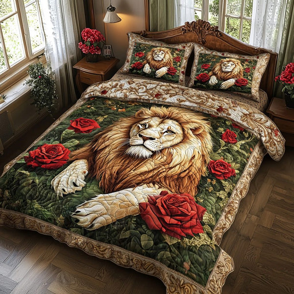 Peaceful Lion quilted 3-piece bedding set on a made bed with two matching pillow shams