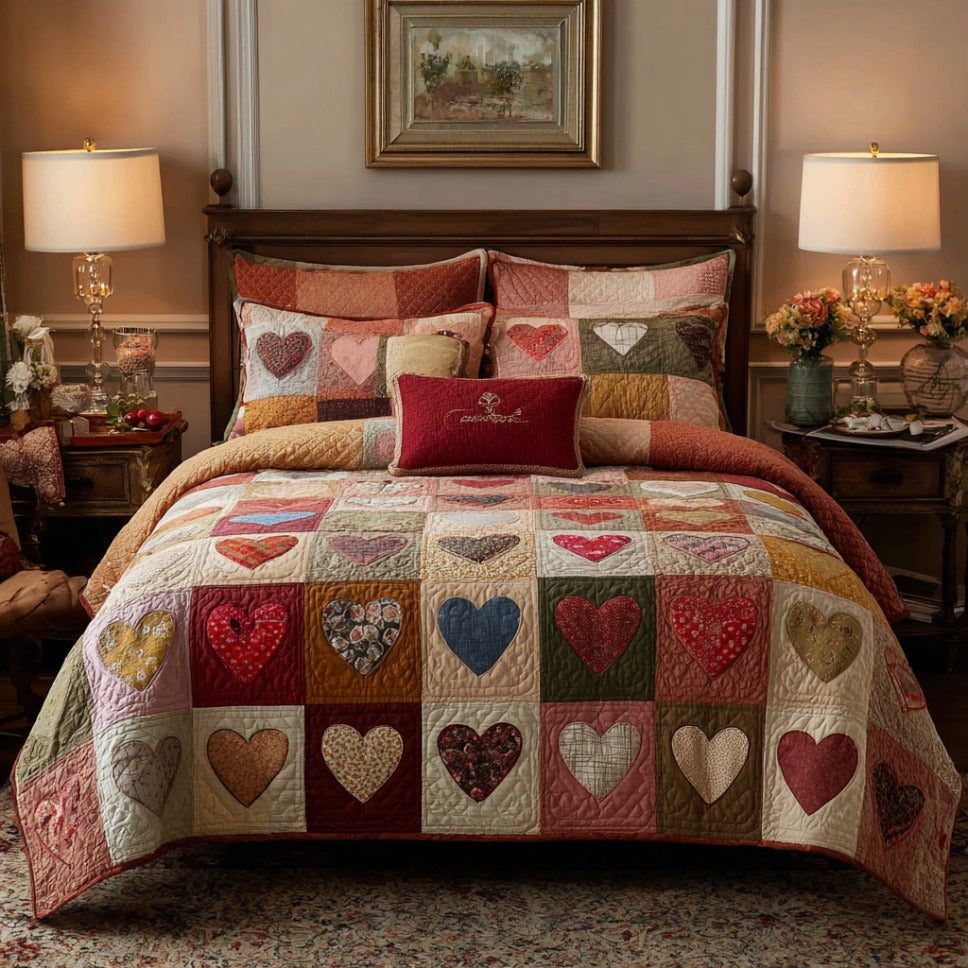 Peaceful Love quilted 3-piece bedding set on a made bed with two matching pillow shams