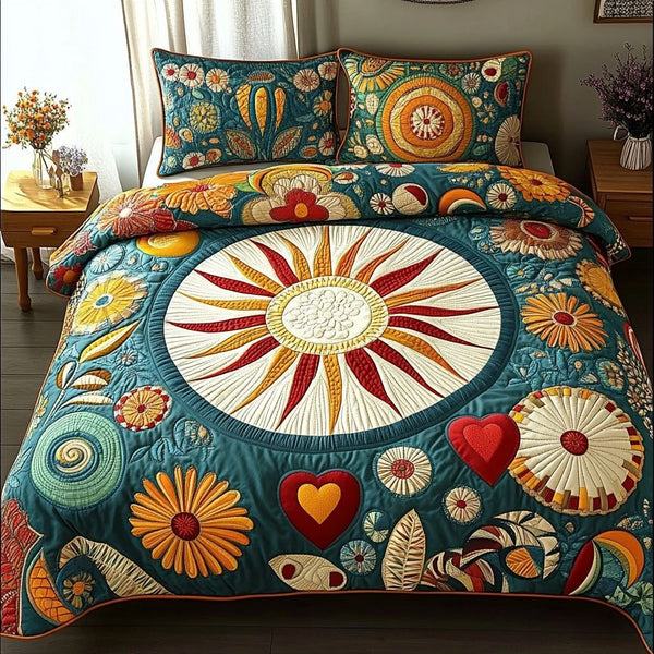 Peaceful Meadow quilted 3-piece bedding set on a made bed with two matching pillow shams