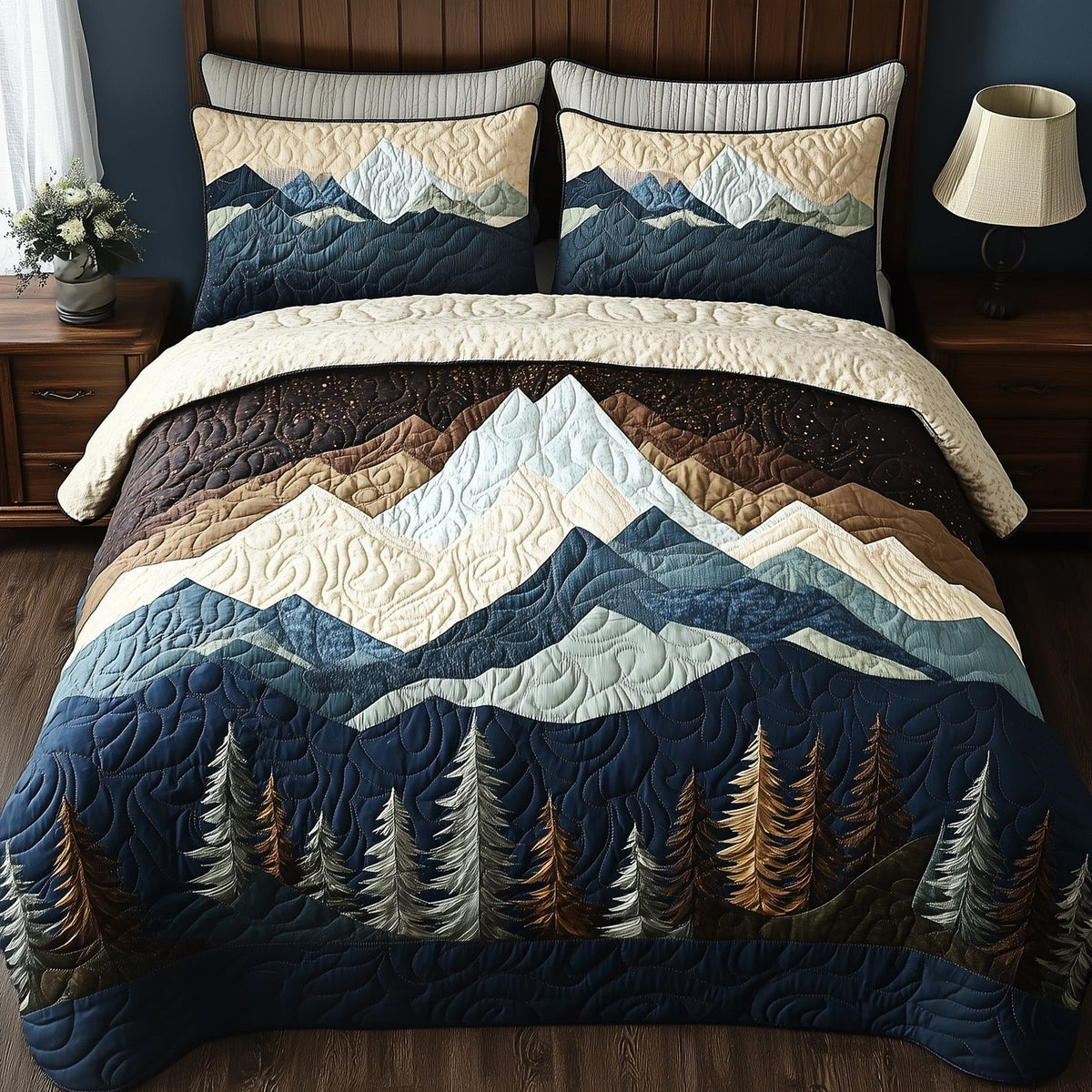 Peaceful Mountain Forest quilted 3-piece bedding set on a made bed with two matching pillow shams