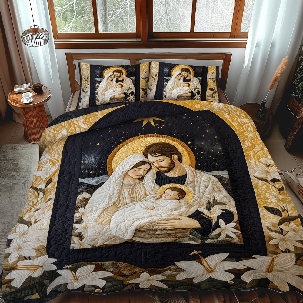 Peaceful Nativity quilted 3-piece bedding set on a made bed in a winter-styled bedroom