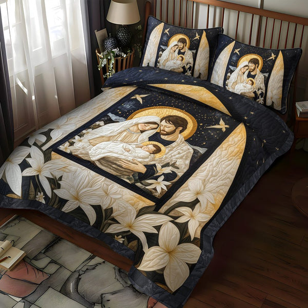 Peaceful Nativity Scene quilted 3-piece bedding set on a made bed in a winter-styled bedroom